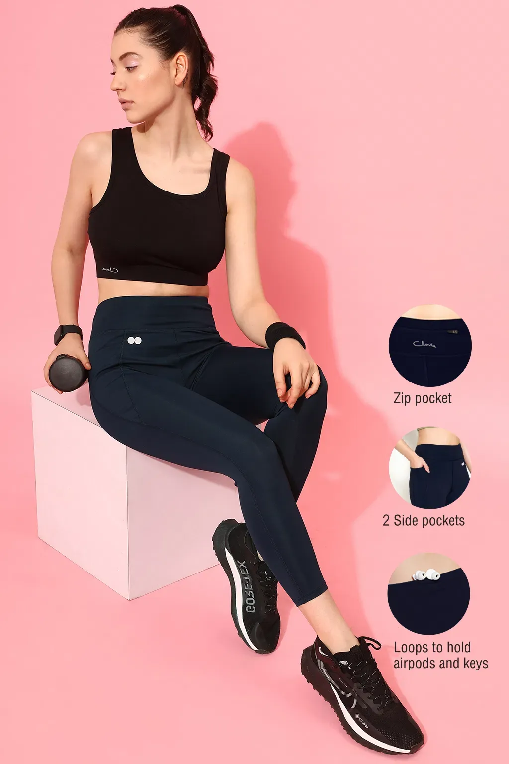 Snug Fit High Rise 4 Pocket Active Tights in Navy Colour image 4