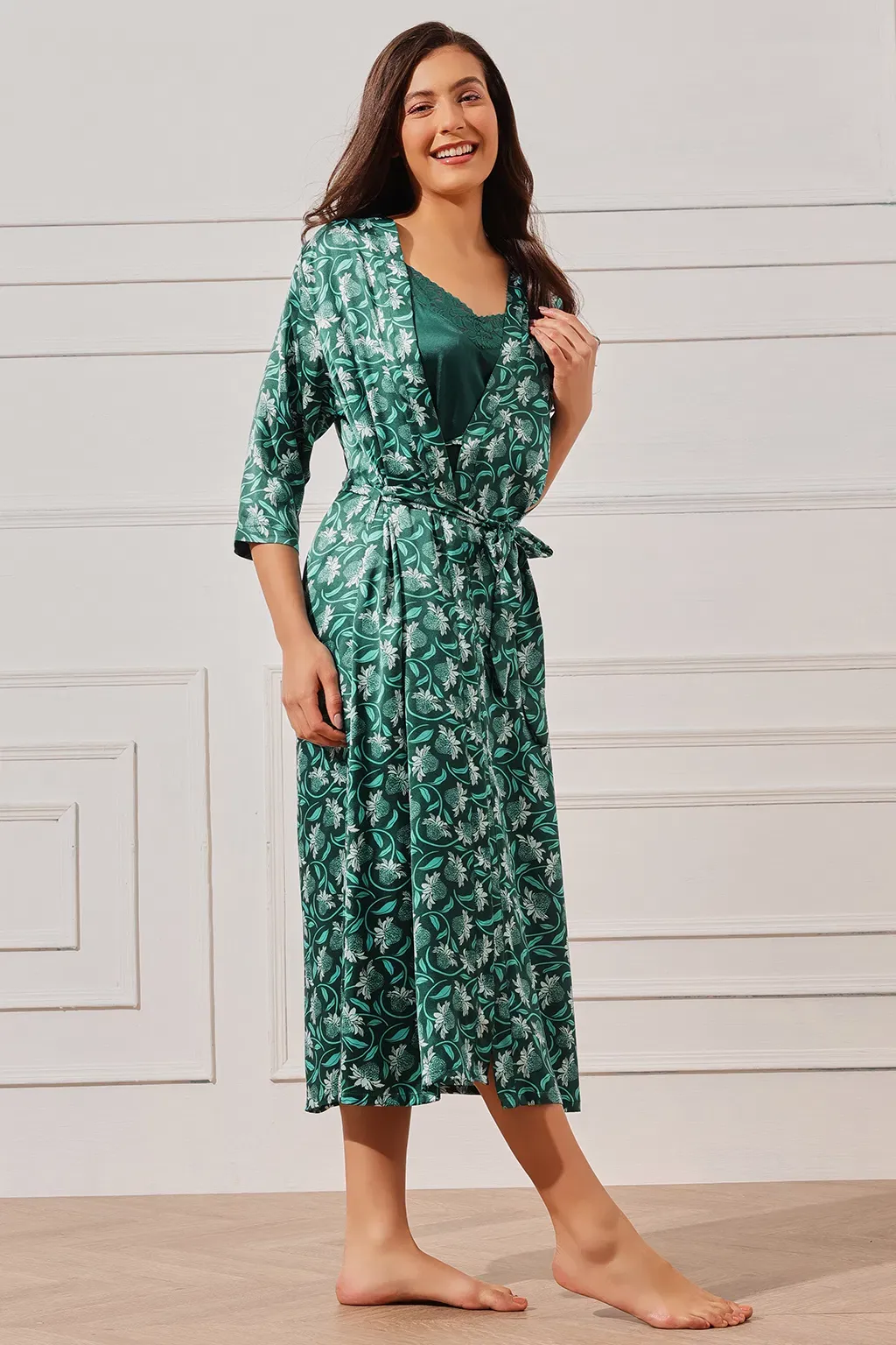 Solid Long Nighty & Floral Print Robe Set in Emerald Green - Satin